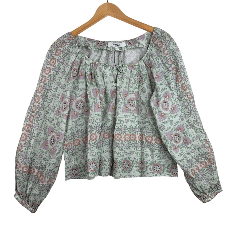 Joie Floral Print Demarre Long Sleeve Peasant Cotton Blouse size Medium Green